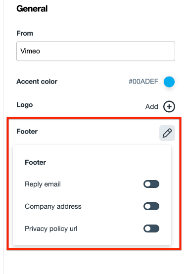 Captura de pantalla que muestra la parte superior del panel de configuración general del correo electrónico en la parte derecha de la página, y que destaca las opciones de pie de página que puedes agregar.