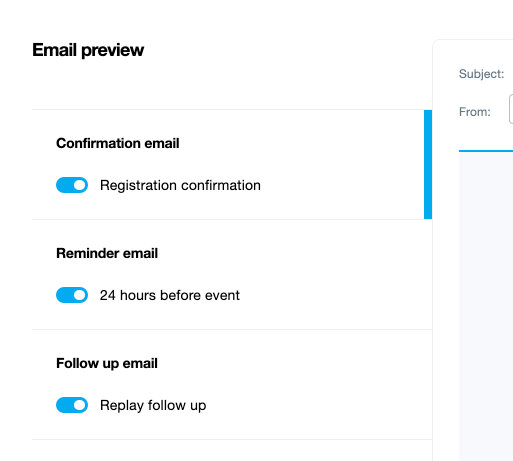 Captura de pantalla que muestra las tres opciones de correo electrónico del seminario web: confirmación, recordatorio y seguimiento.